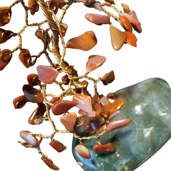 Carnelian Gemstone Bonsai Tree Copper Wire Sculpture Green Crystal Base Folk Art - Picture 8 of 9